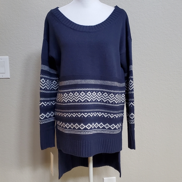 Splendid Fair Isle Tunic Sweater, Wool Blend, Hi-Low, Blue/White, Small, NWT - Picture 1 of 16